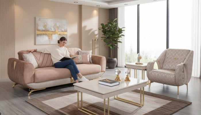 Beige living room set luxury 3-seater upholstered armchair side table