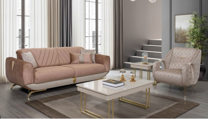 Beige living room set luxury 3-seater upholstered armchair side table
