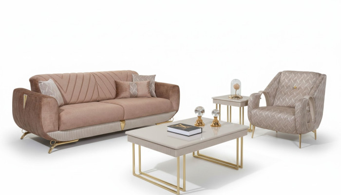 Beige living room set luxury 3-seater upholstered armchair side table