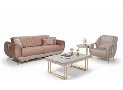 Beige living room set luxury 3-seater upholstered armchair side table
