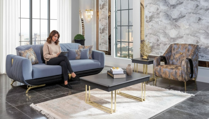 Modern upholstered living room furniture designer blue three-seater armchair 4-piece set
