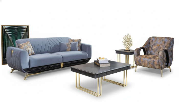 Modern upholstered living room furniture designer blue three-seater armchair 4-piece set