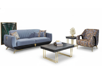 Modern upholstered living room furniture designer blue three-seater armchair 4-piece set