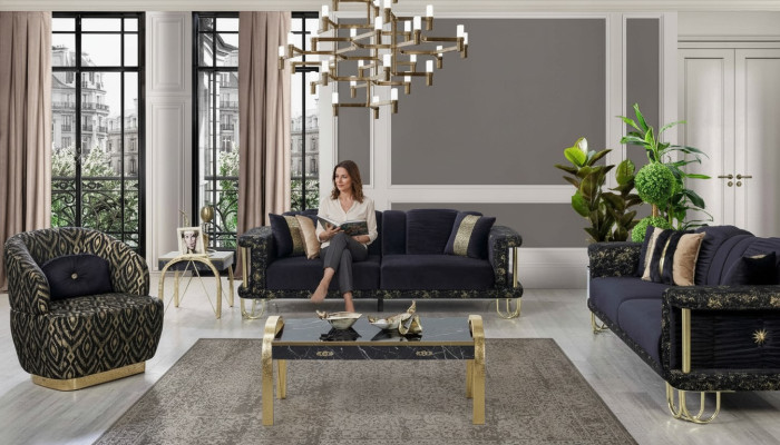 Black sofa set 2x three-seater upholstered armchair modern seating furniture