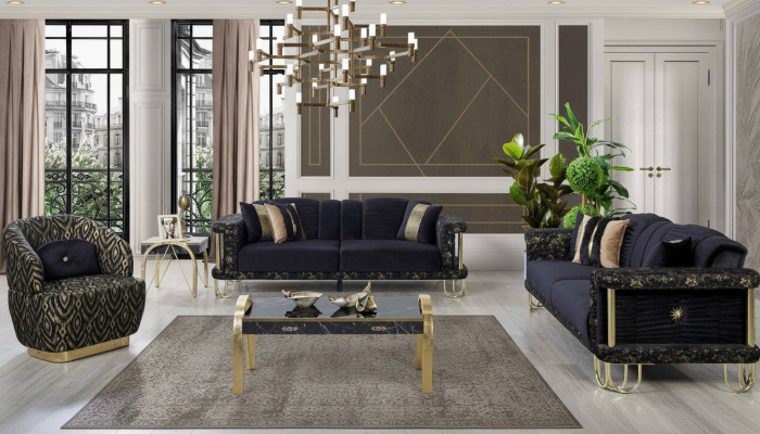 Black sofa set 2x three-seater upholstered armchair modern seating furniture