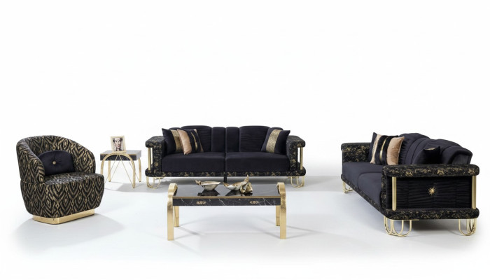 Black sofa set 2x three-seater upholstered armchair modern seating furniture