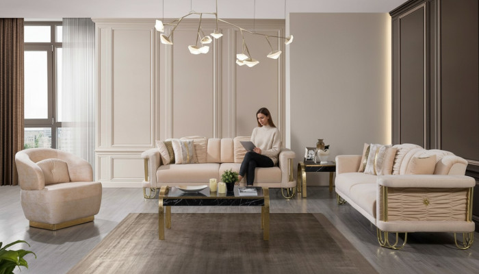 Modern beige sofa set 3+3+1 seater designer upholstered armchair furniture