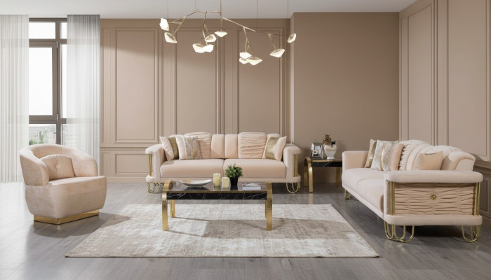 Modern beige sofa set 3+3+1 seater designer upholstered armchair furniture