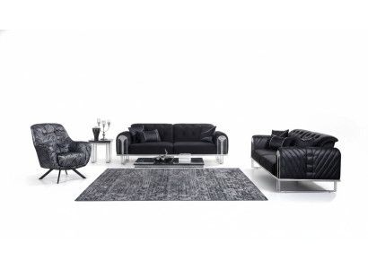 Black living room sofa set 2x three-seater designer upholstered armchair