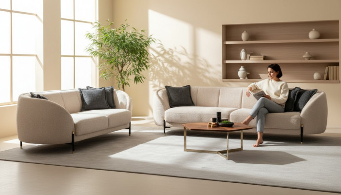 Modern Sofa 3 Seater Beige High-Quality Upholstered Sofas Design Textile New