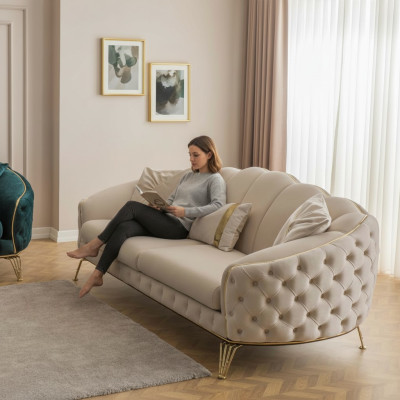 Modern Chesterfield Beige Living Room Sofa Set x2 3-Seater Upholstered Armchair