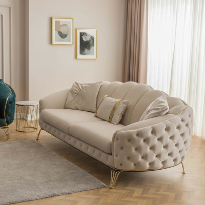Modern Chesterfield Beige Living Room Sofa Set x2 3-Seater Upholstered Armchair