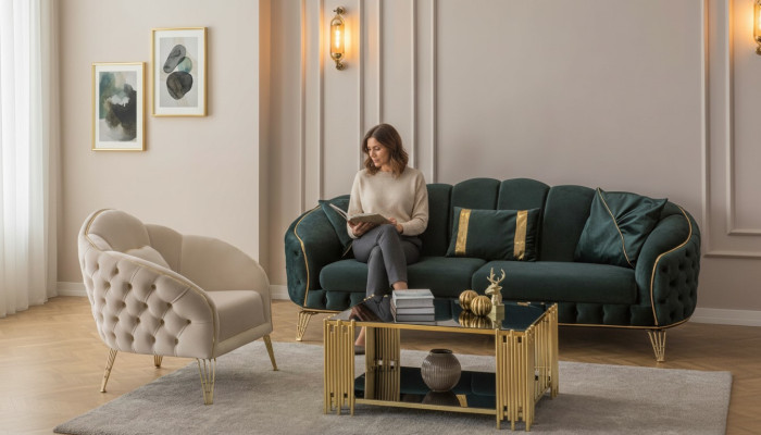 Stylish Living Room Complete 3-Piece Set Three-Seater Sofa Couch Luxury 2x Armchair