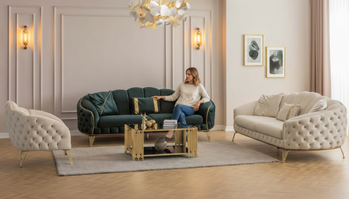 Complete living room set, 4-piece, stylish x2 3-seater couch, modern 2x armchair