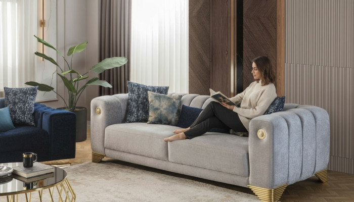 Living room sofa 3-seater gray upholstered sofas design wood textile new modern