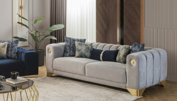 Living room sofa 3-seater gray upholstered sofas design wood textile new modern
