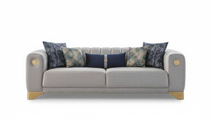 Living room sofa 3-seater gray upholstered sofas design wood textile new modern
