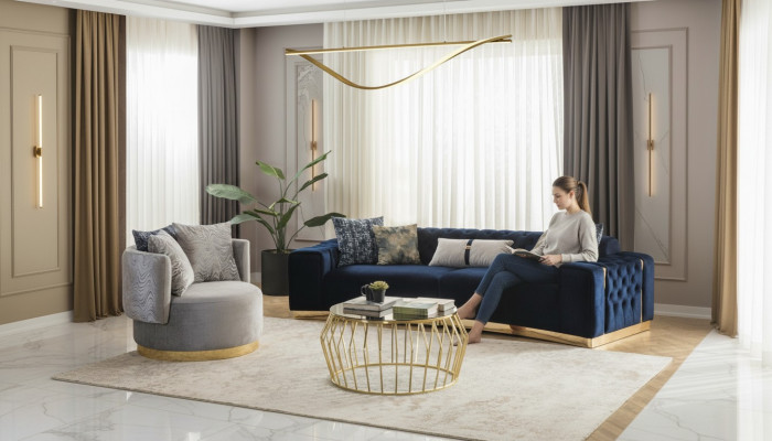 Sofa Set Complete Upholstered Sofa Blue Three-Seater Modern Armchair New
