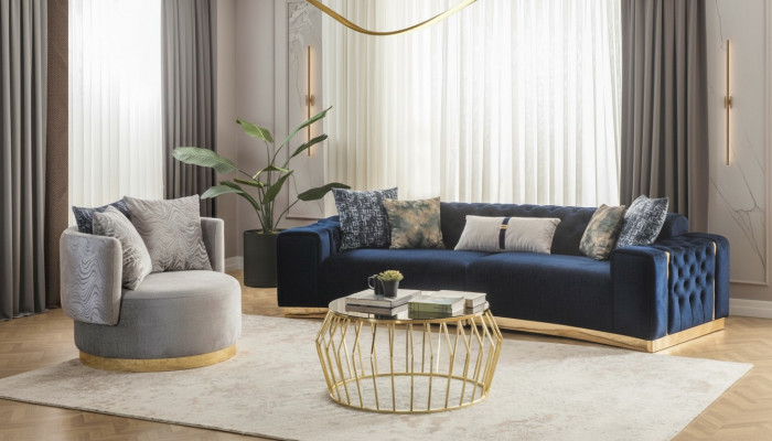 Sofa Set Complete Upholstered Sofa Blue Three-Seater Modern Armchair New