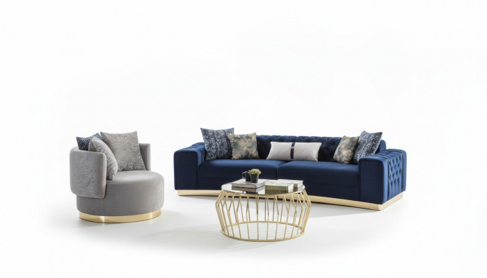 Sofa Set Complete Upholstered Sofa Blue Three-Seater Modern Armchair New