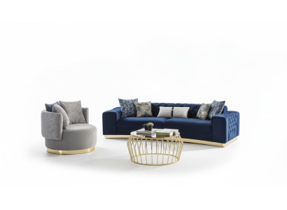 Sofa Set Complete Upholstered Sofa Blue Three-Seater Modern Armchair New