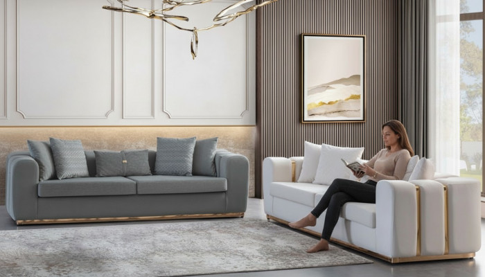 White-Grey Upholstered Designer 4-Seater 2x Upholstered Sofas Luxury Furniture