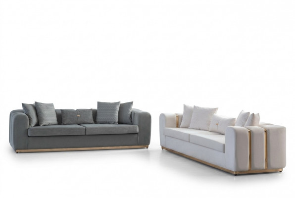 White-Grey Upholstered Designer 4-Seater 2x Upholstered Sofas Luxury Furniture
