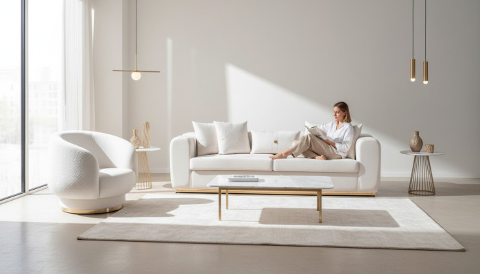 White living room sofa set upholstered furniture 4-seater textile reclining chair 2-piece set