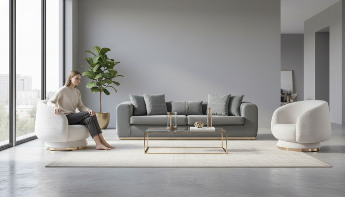 Gray and white living room seating set luxurious upholstered couches 4-seater armchair