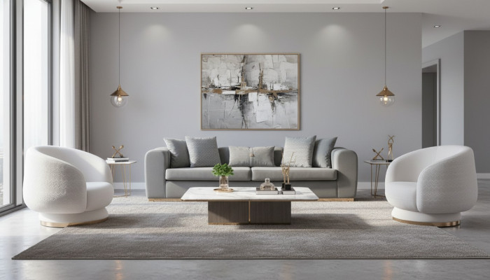 Gray and white living room seating set luxurious upholstered couches 4-seater armchair