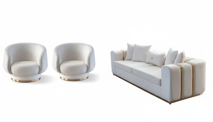White Living Room Sofas Stylish 4-Seater Designer 2x Armchairs New 3-Piece Set
