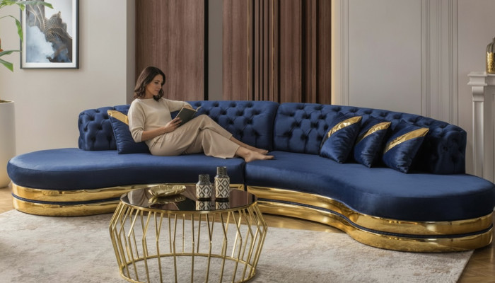 Blue Semi-circular Chesterfield Sofa Designer White Armchair 2-piece Set New