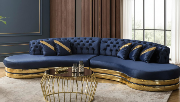 Blue Semi-circular Chesterfield Sofa Designer White Armchair 2-piece Set New