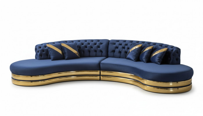 Blue Semi-circular Chesterfield Sofa Designer White Armchair 2-piece Set New
