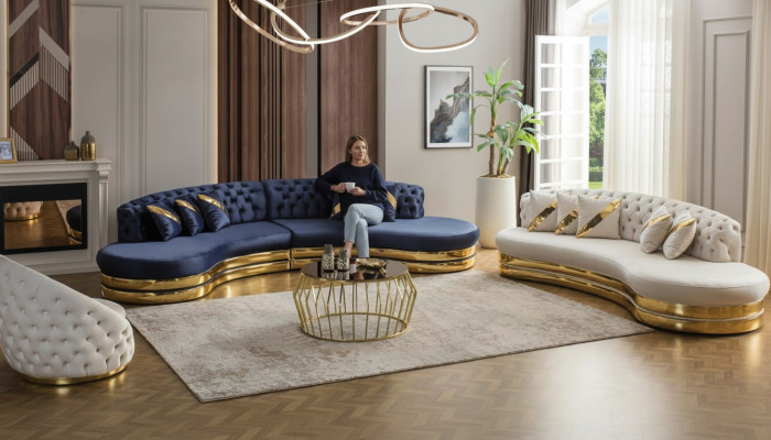 Designer Chesterfield Sofas, semicircular stainless steel couches, 4+3 seater, 3-piece