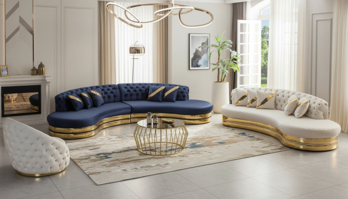 Designer Chesterfield Sofas, semicircular stainless steel couches, 4+3 seater, 3-piece