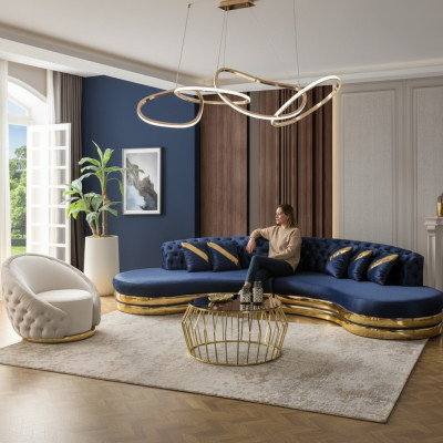 Sofa set upholstery furniture blue 2x 4-seater sofas armchair luxury living room