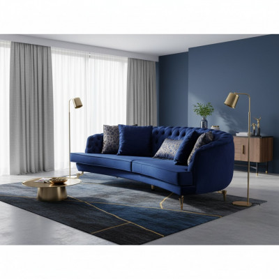 Half-round Chesterfield Blue 4-Seater Designer Upholstered Noble Couch New