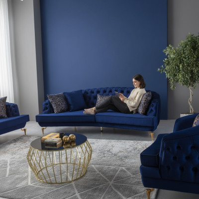 Modern blue sofa set, luxurious four-seater textile sofas, four-seater.