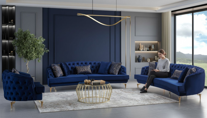Modern blue Chesterfield sofa set upholstered furniture 4-seater armchair