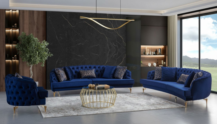 Modern blue Chesterfield sofa set upholstered furniture 4-seater armchair