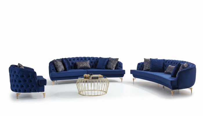 Modern blue Chesterfield sofa set upholstered furniture 4-seater armchair