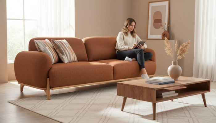 Modern brown upholstered three-seater high-quality living room noble couches