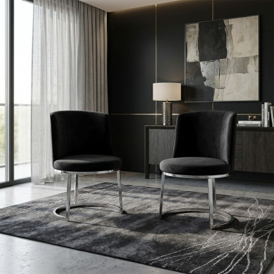 Black designer chairs (set of 2) with stainless steel legs, modern dining chairs.
