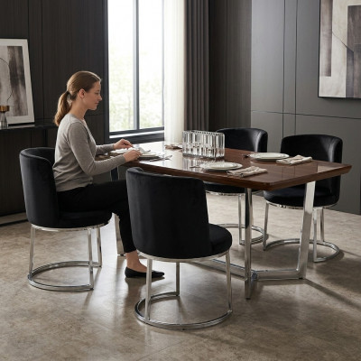 Black designer chairs with stainless steel legs, modern dining room chairs (set of 4).