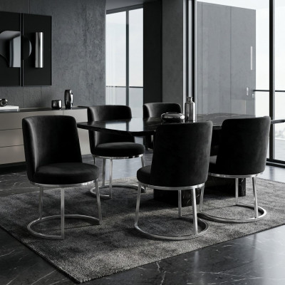 Black designer chairs with stainless steel legs, modern dining room chairs (set of 4).