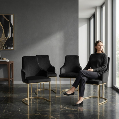 Designer Black 4x Metal Chairs Luxurious Stainless Steel Upholstered Furniture