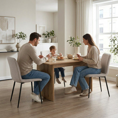 Set of 6 Dining Room Chairs: Metal Frame Upholstered White Chairs with Fabric - Armchair Chair