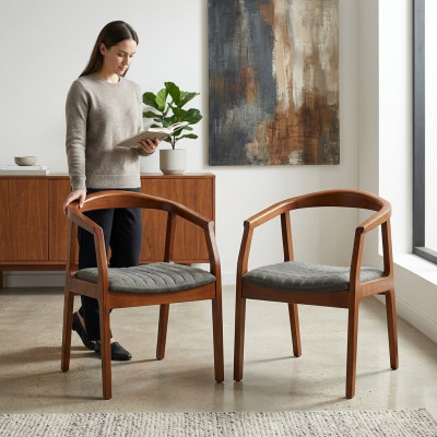 Chair Brown Design Living Room Dining Room Wood 2x Chairs Upholstered with Armrest