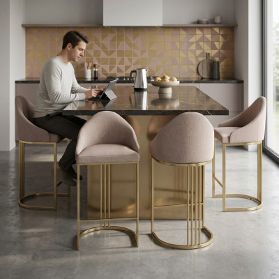 Stylish dining table with 4 chairs, beige upholstered chair furniture, seating cushion chairs